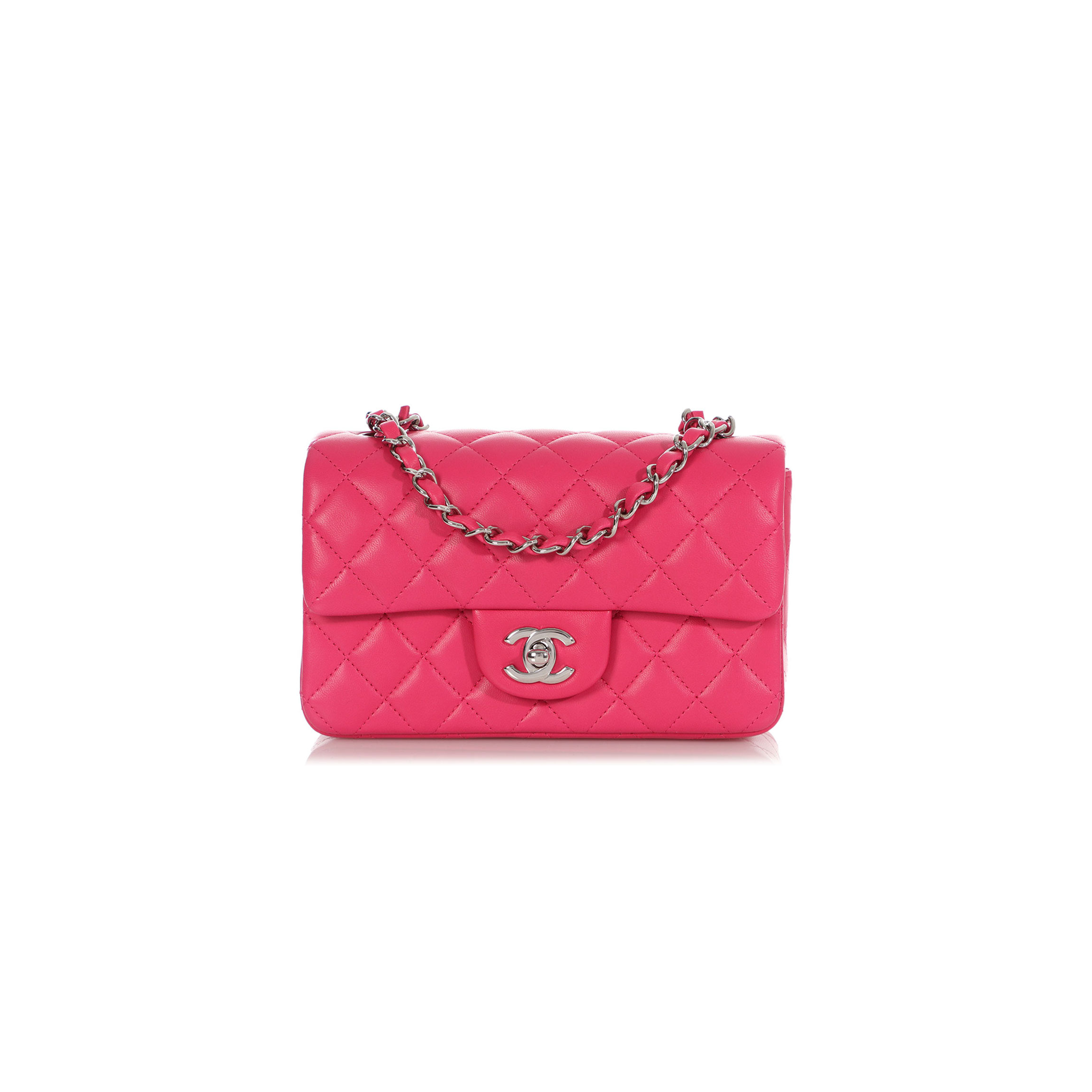 CHANEL QUILTED LAMBSKIN RECTANGULAR MINI FLAP PINK SILVER HARDWARE A69900 (20*13*7cm)